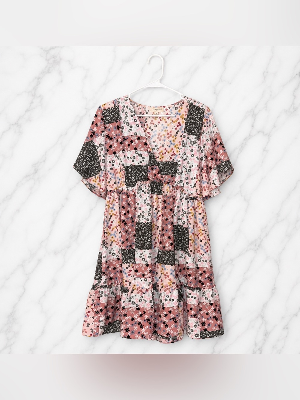 Umgee Pink and Black Patchwork Floral Dress